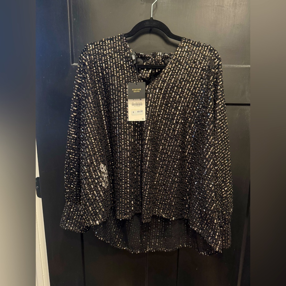 ZARA Festive Days Black Sequin Bow-Tie Blouse – Size XL (NWT)